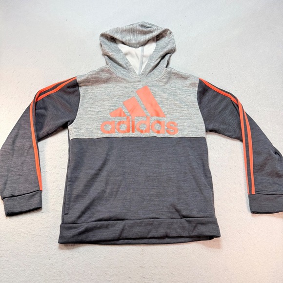 adidas Boys Hoodie Youth L 14/16 Gray/Orange Logo Pullover Athletic Sweatshirt - Picture 1 of 9